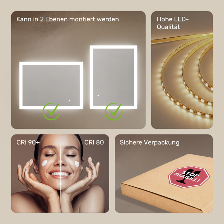 80x60 cm Rechteckiger Badezimmerspiegel mit LED-Beleuchtung 80x60cm mit Dual-Farbe, Touch-Schalter