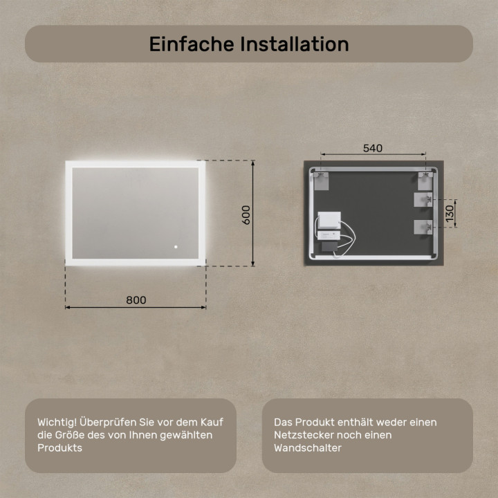 80x60 cm Rechteckiger Badezimmerspiegel mit LED-Beleuchtung 80x60cm mit Dual-Farbe, Touch-Schalter