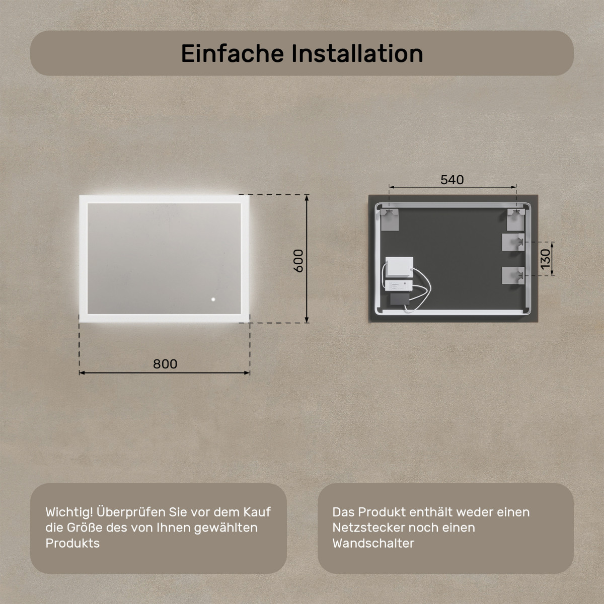 80x60 cm Rechteckiger Badezimmerspiegel mit LED-Beleuchtung 80x60cm mit Dual-Farbe, Touch-Schalter