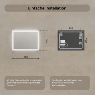 80x60 cm Rechteckiger Badezimmerspiegel mit LED-Beleuchtung 80x60cm mit Dual-Farbe, Touch-Schalter