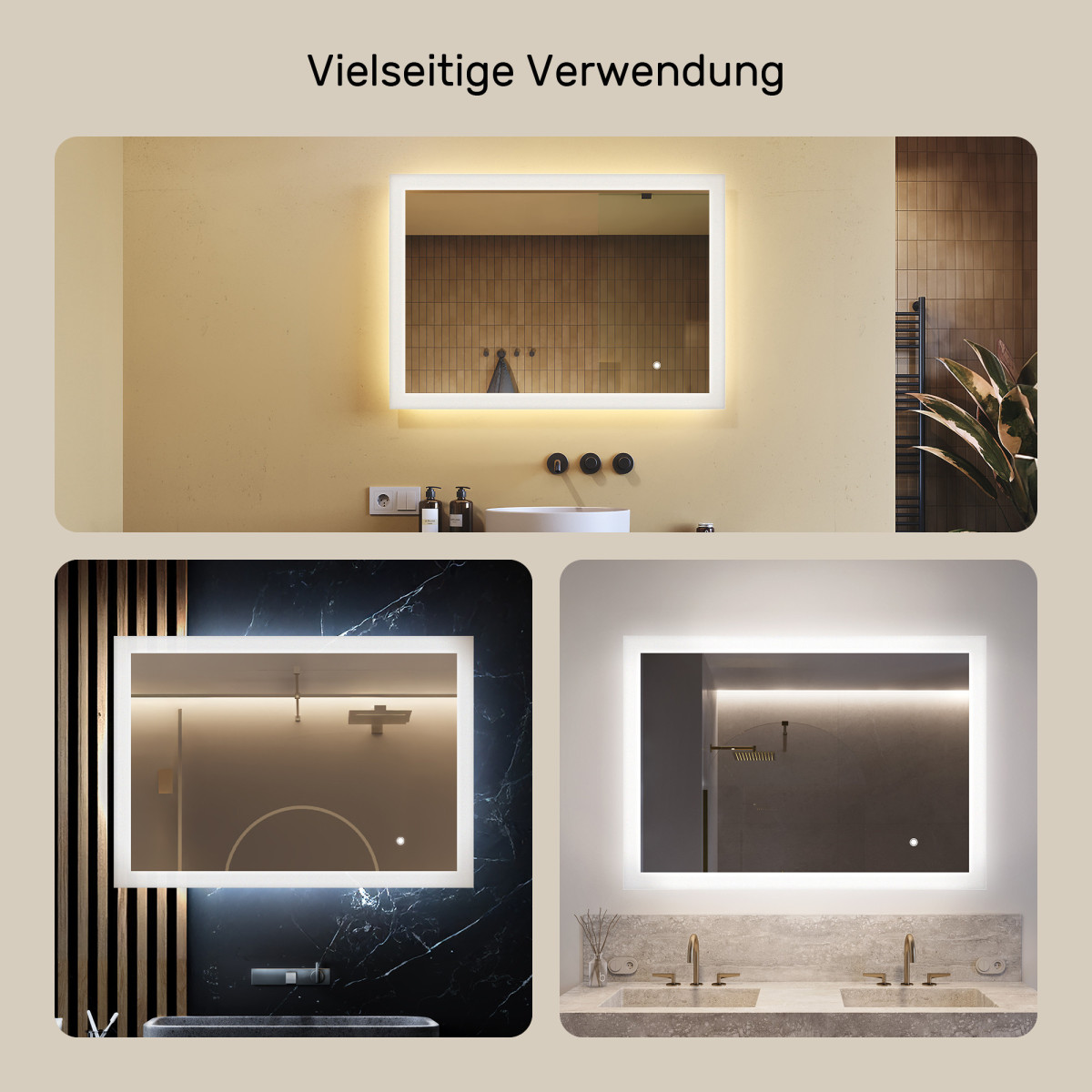 100x70 cm Rechteckiger Badezimmerspiegel mit LED-Beleuchtung 100x70cm mit Dualfarbe, Touch-Schalter