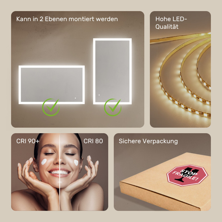 120x70 cm Rechteckiger Badezimmerspiegel mit LED-Beleuchtung 120x70cm mit Dualfarbe, Touch-Schalter