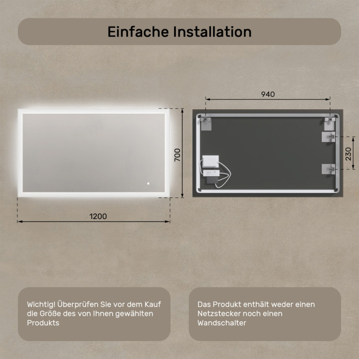 120x70 cm Rechteckiger Badezimmerspiegel mit LED-Beleuchtung 120x70cm mit Dualfarbe, Touch-Schalter