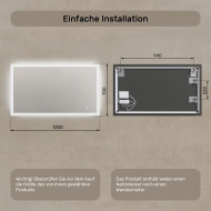 120x70 cm Rechteckiger Badezimmerspiegel mit LED-Beleuchtung 120x70cm mit Dualfarbe, Touch-Schalter