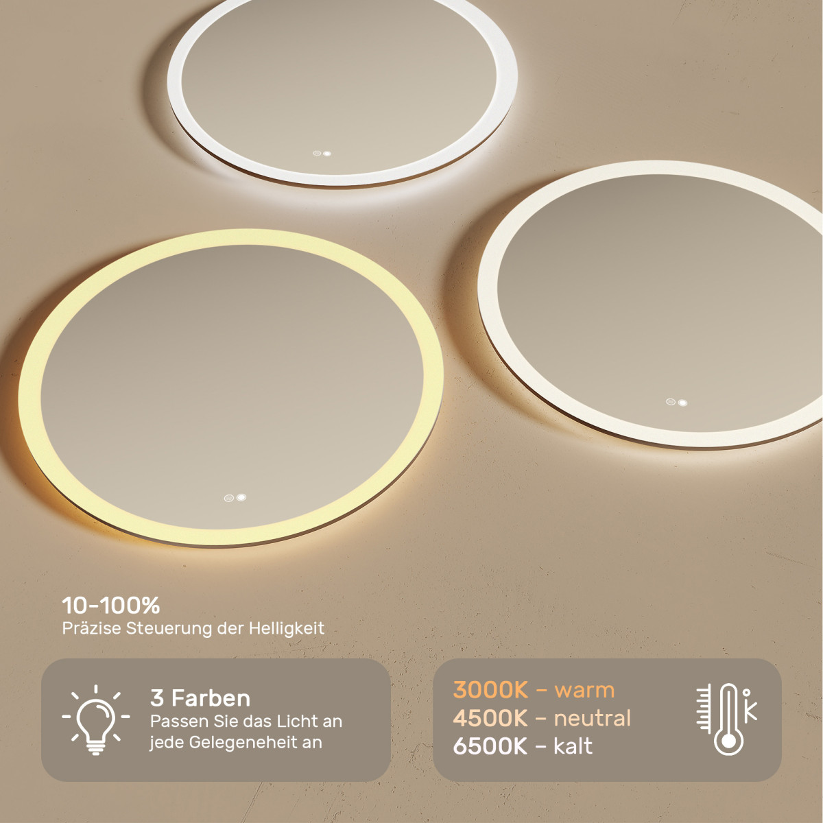 Runder LED-Badspiegel 80 cm mit Touch-Schalter und Spiegelheizung