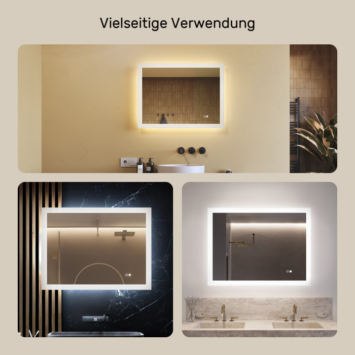 Rechteckiger LED-Badspiegel 80 × 60 cm mit Touch-Schalter und Spiegelheizung