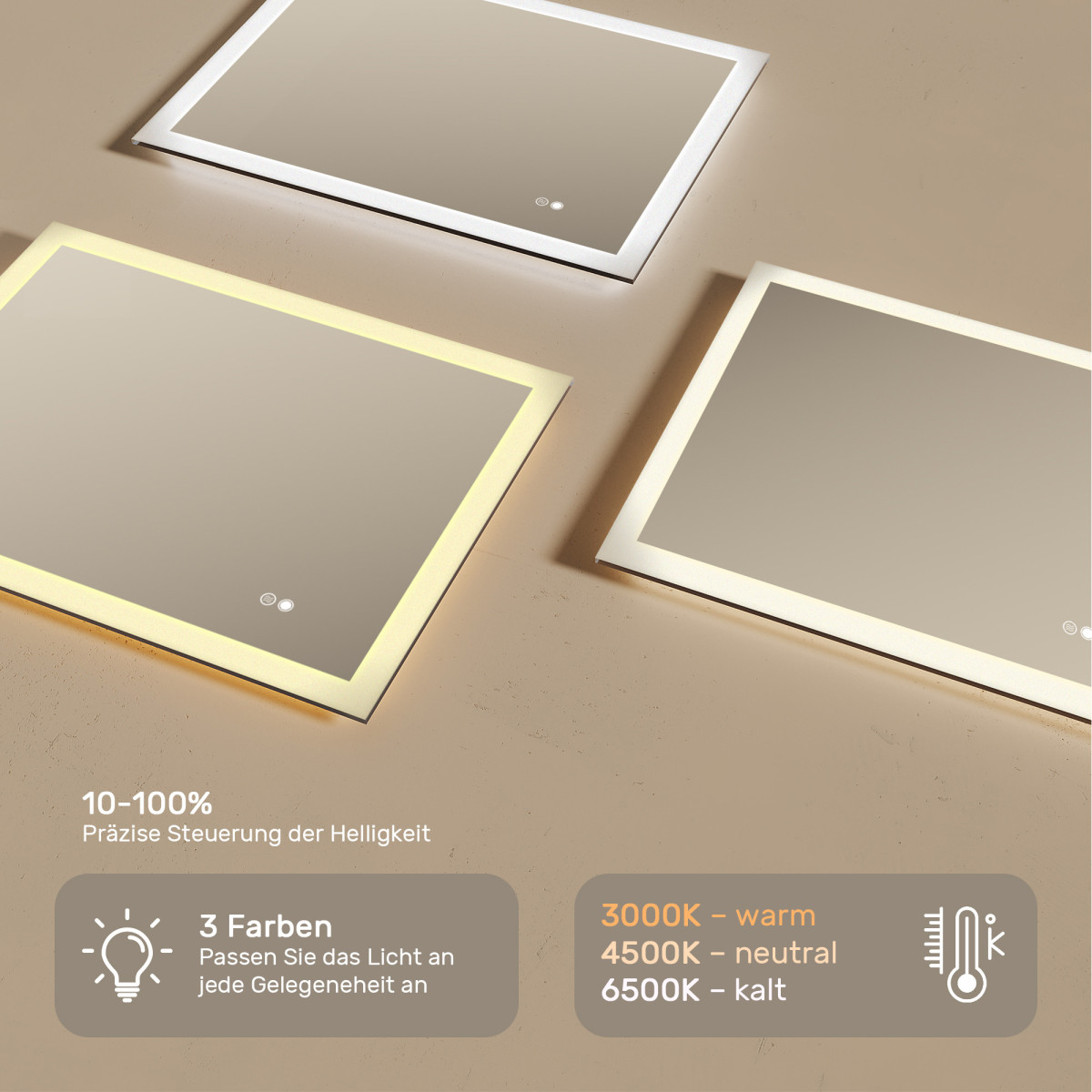 Rechteckiger LED-Badspiegel 80 × 60 cm mit Touch-Schalter und Spiegelheizung