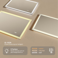 100x70 cm Rechteckiger Badspiegel mit LED-Beleuchtung 100x70cm mit Zweifarbigkeit, Touch-Schalter, Heizmatte