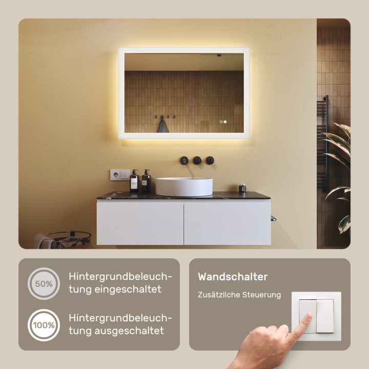 100x70 cm Rechteckiger Badspiegel mit LED-Beleuchtung 100x70cm mit Zweifarbigkeit, Touch-Schalter, Heizmatte