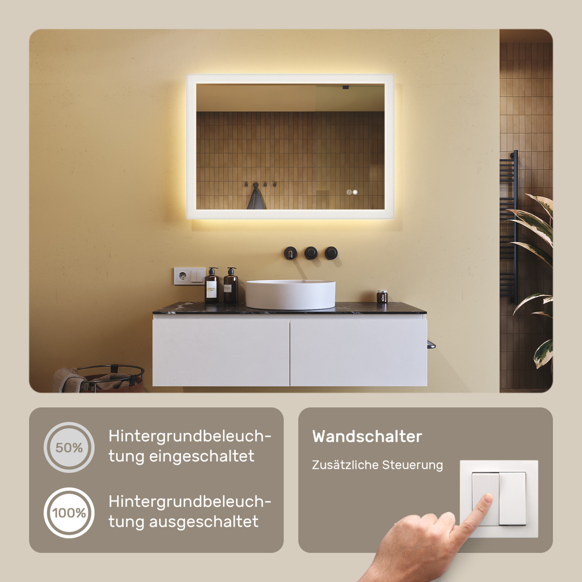 100x70 cm Rechteckiger Badspiegel mit LED-Beleuchtung 100x70cm mit Zweifarbigkeit, Touch-Schalter, Heizmatte