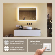 100x70 cm Rechteckiger Badspiegel mit LED-Beleuchtung 100x70cm mit Zweifarbigkeit, Touch-Schalter, Heizmatte