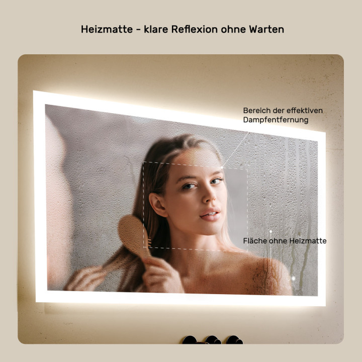 100x70 cm Rechteckiger Badspiegel mit LED-Beleuchtung 100x70cm mit Zweifarbigkeit, Touch-Schalter, Heizmatte