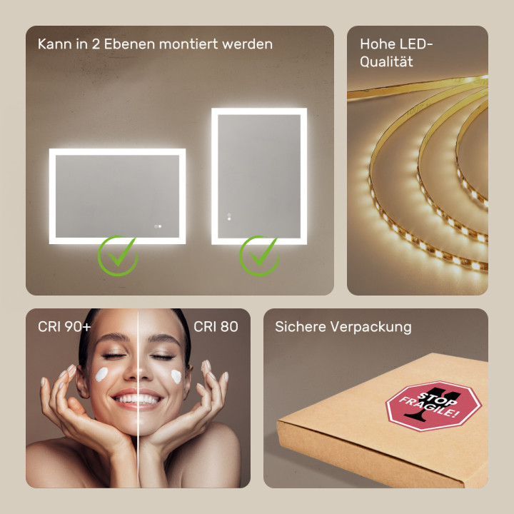 100x70 cm Rechteckiger Badspiegel mit LED-Beleuchtung 100x70cm mit Zweifarbigkeit, Touch-Schalter, Heizmatte