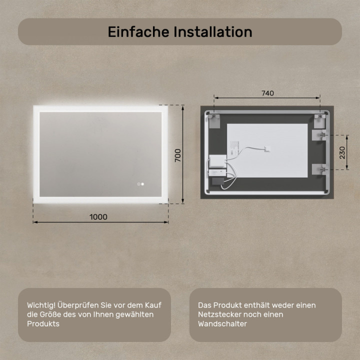 100x70 cm Rechteckiger Badspiegel mit LED-Beleuchtung 100x70cm mit Zweifarbigkeit, Touch-Schalter, Heizmatte