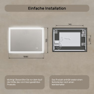 100x70 cm Rechteckiger Badspiegel mit LED-Beleuchtung 100x70cm mit Zweifarbigkeit, Touch-Schalter, Heizmatte