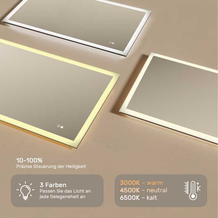 Rechteckiger LED-Badspiegel 120 × 70 cm mit Touch-Schalter und Spiegelheizung
