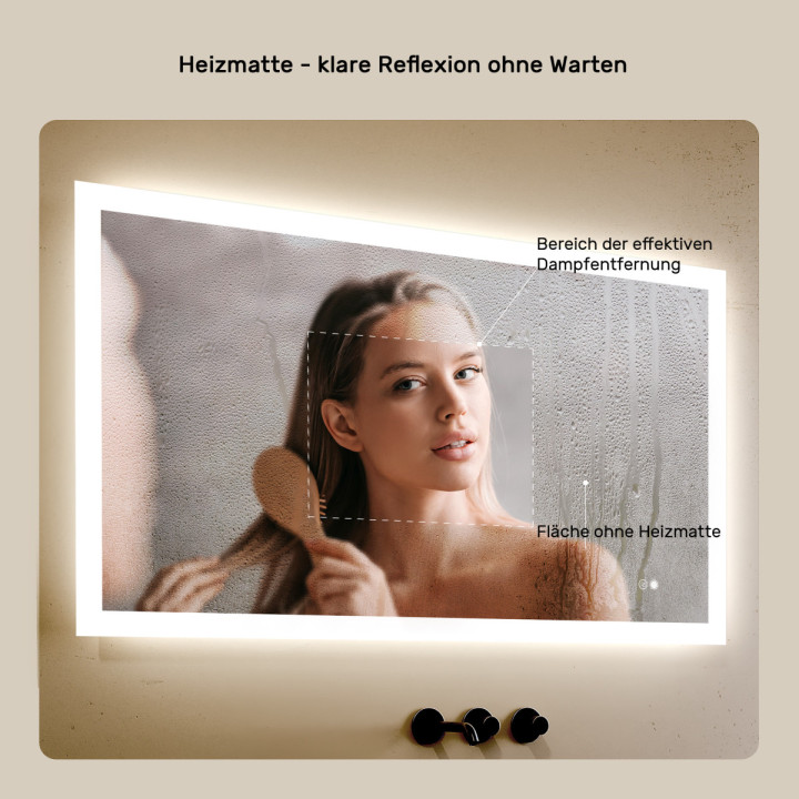 Rechteckiger LED-Badspiegel 120 × 70 cm mit Touch-Schalter und Spiegelheizung