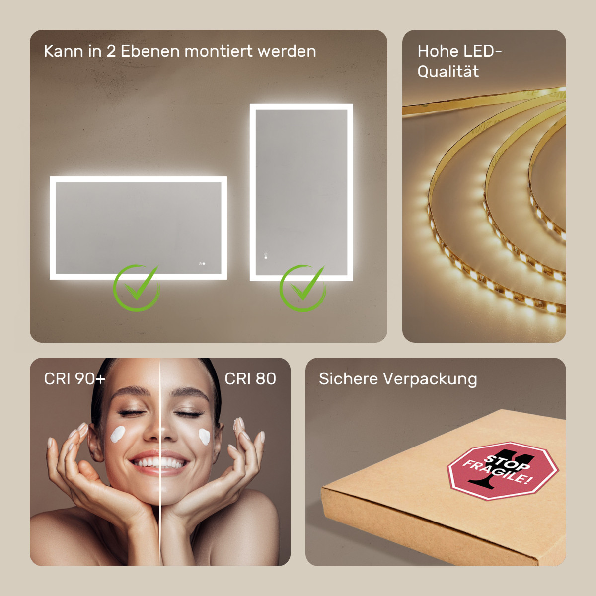 Rechteckiger LED-Badspiegel 120 × 70 cm mit Touch-Schalter und Spiegelheizung