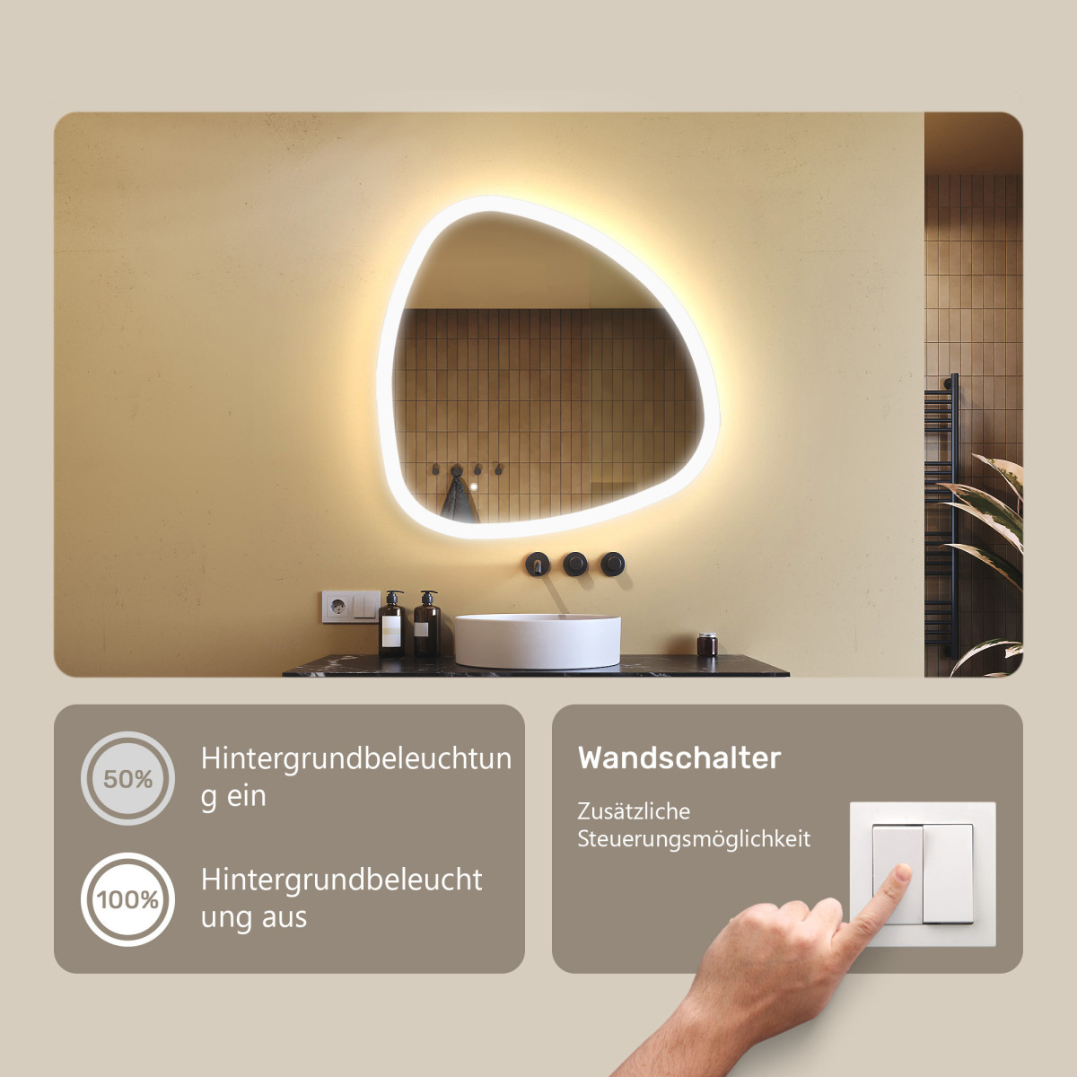 84x84 cm Unregelmäßiger Spiegel mit Beleuchtung, 84x84cm, Zweifarbig, Touch-Schalter, Heizmatte