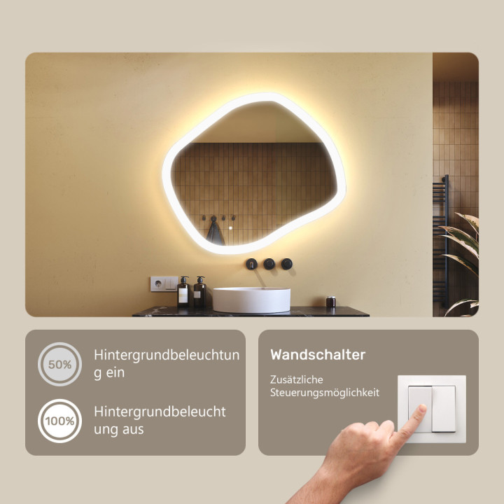 84x74 cm Badezimmerspiegel mit Beleuchtung, 84x74cm, Zweifarbig, Touch-Schalter