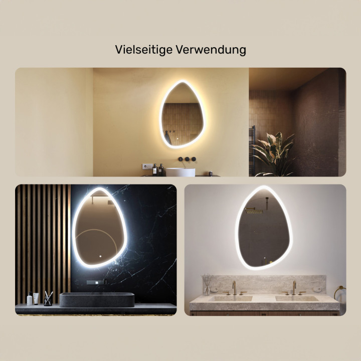 64x94 cm Unregelmäßiger Spiegel mit Beleuchtung, 64x94cm, Zweifarbig, Touch-Schalter