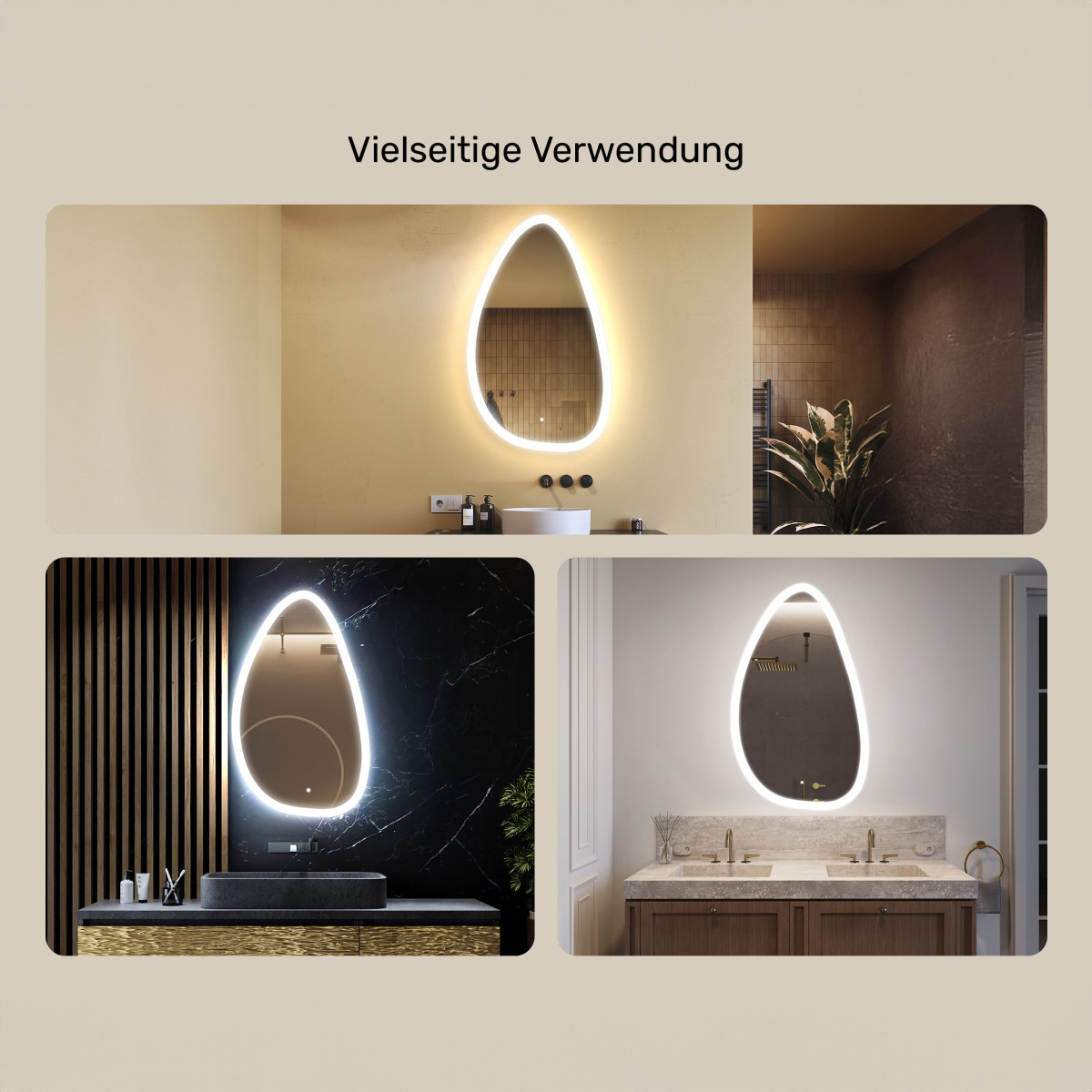 64x104 cm Unregelmäßiger Spiegel mit Beleuchtung, 64x104cm, Zweifarbig, Berührungsempfindlicher Schalter