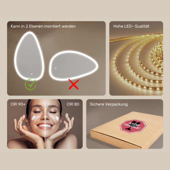 64x104 cm Unregelmäßiger Spiegel mit Beleuchtung, 64x104cm, Zweifarbig, Berührungsempfindlicher Schalter