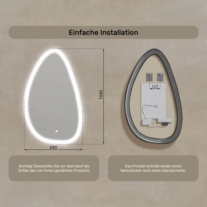 64x104 cm Unregelmäßiger Spiegel mit Beleuchtung, 64x104cm, Zweifarbig, Berührungsempfindlicher Schalter
