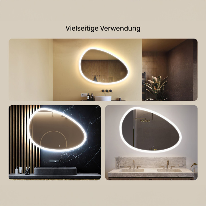 114x84 cm Unregelmäßiger Spiegel mit Beleuchtung, 114x84cm, Zweifarbig, Berührungsempfindlicher Schalter