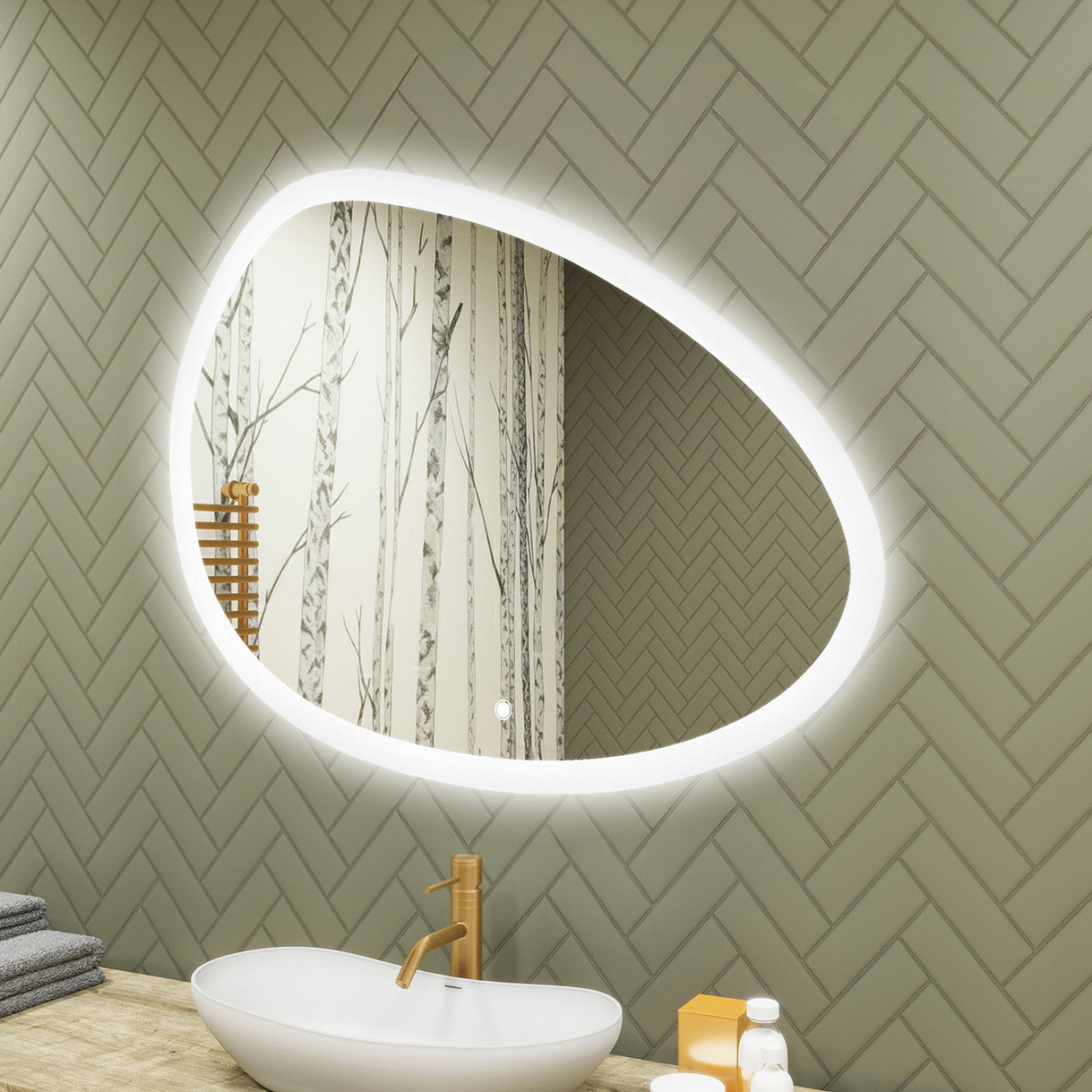 114x84 cm Unregelmäßiger Spiegel mit Beleuchtung, 114x84cm, Zweifarbig, Berührungsempfindlicher Schalter