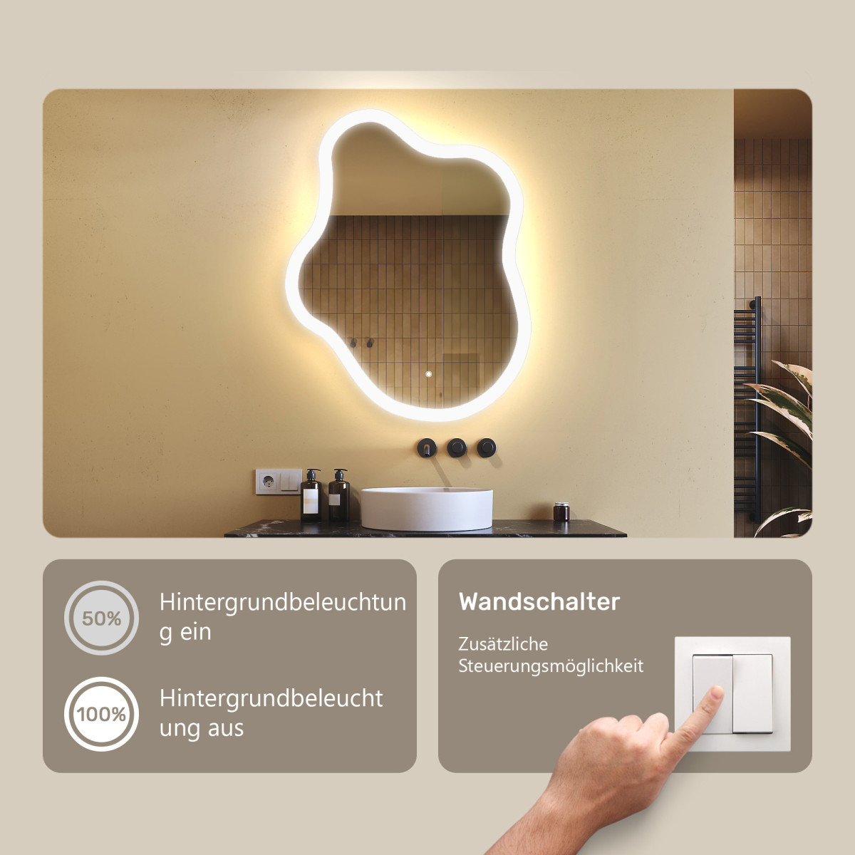 74x94 cm Unregelmäßiger Spiegel mit Beleuchtung, 74x94cm, Zweifarbig, Touch-Schalter