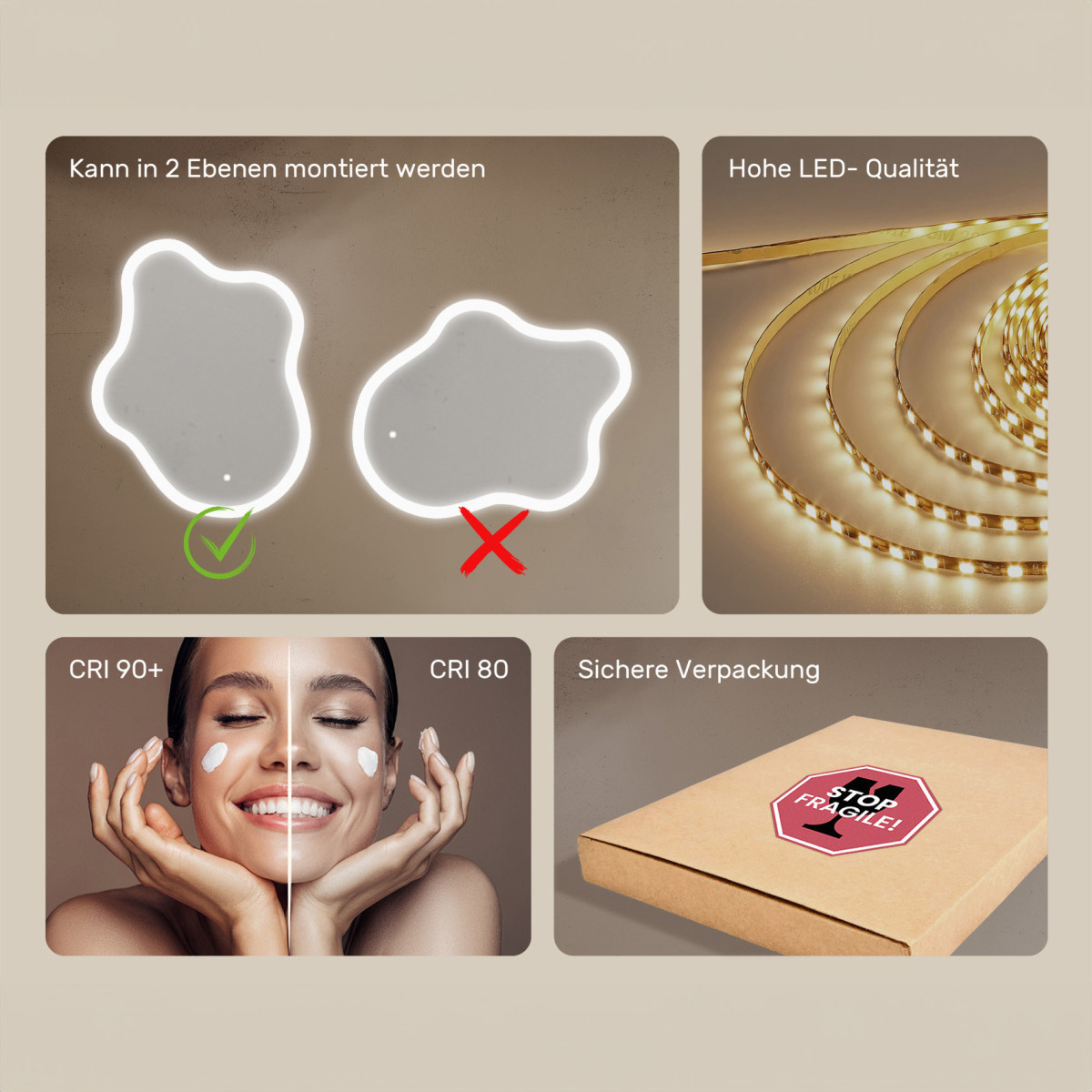 74x94 cm Unregelmäßiger Spiegel mit Beleuchtung, 74x94cm, Zweifarbig, Touch-Schalter