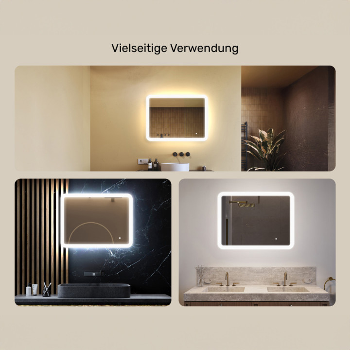80x60 cm Abgerundeter Badezimmerspiegel mit LED-Beleuchtung, 80x60cm, Zweifarbig, Touch-Schalter