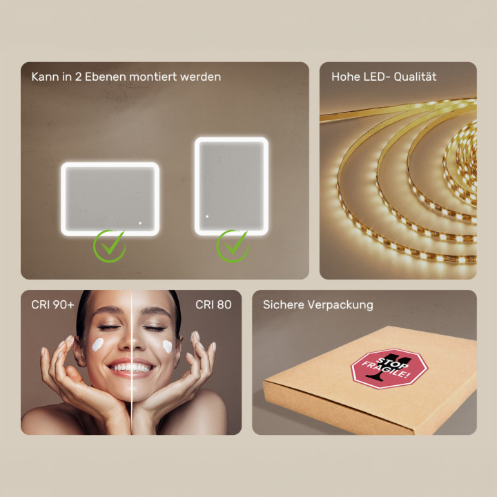 80x60 cm Abgerundeter Badezimmerspiegel mit LED-Beleuchtung, 80x60cm, Zweifarbig, Touch-Schalter