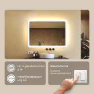 100x70 cm Abgerundeter Badezimmerspiegel mit LED-Beleuchtung, 100x70cm, Zweifarbig, Touch-Schalter