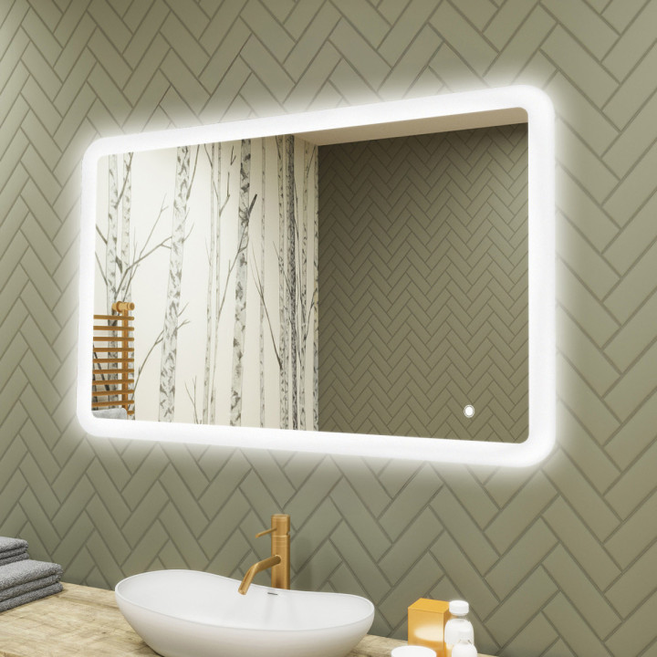 100x70 cm Abgerundeter Badezimmerspiegel mit LED-Beleuchtung, 100x70cm, Zweifarbig, Touch-Schalter