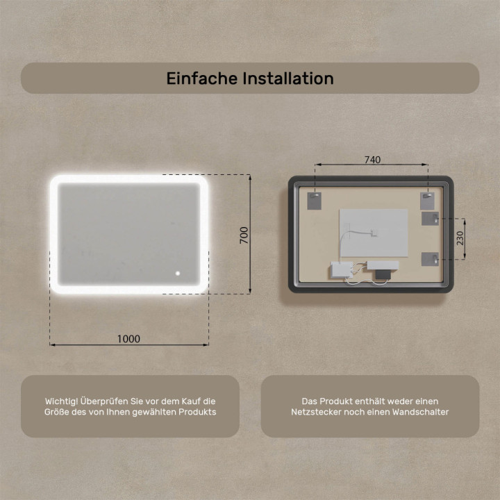 100x70 cm Abgerundeter Badezimmerspiegel mit LED-Beleuchtung, 100x70cm, Zweifarbig, Touch-Schalter