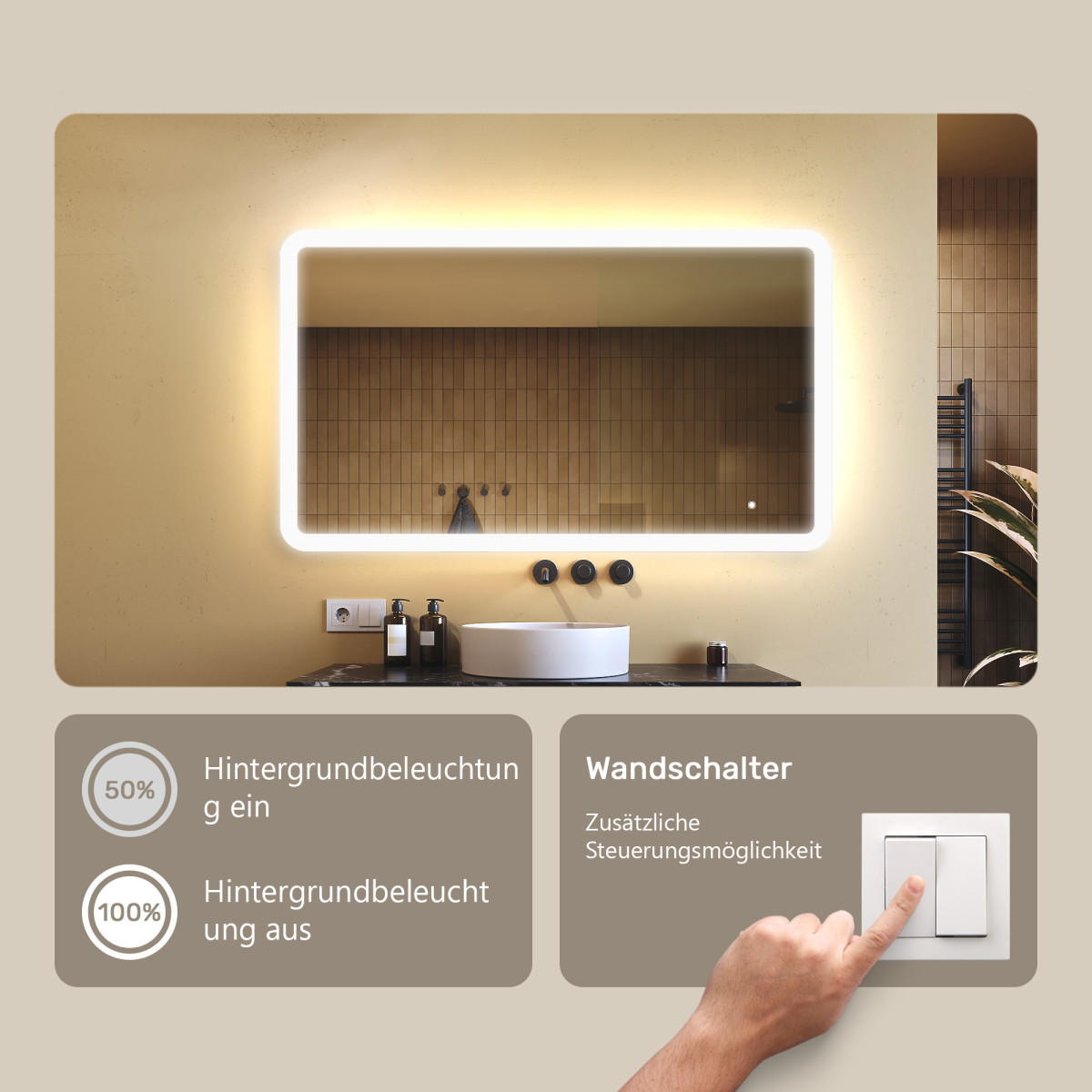 120x70 cm Abgerundeter Badezimmerspiegel mit LED-Beleuchtung, 120x70cm, Zweifarbig, Touch-Schalter