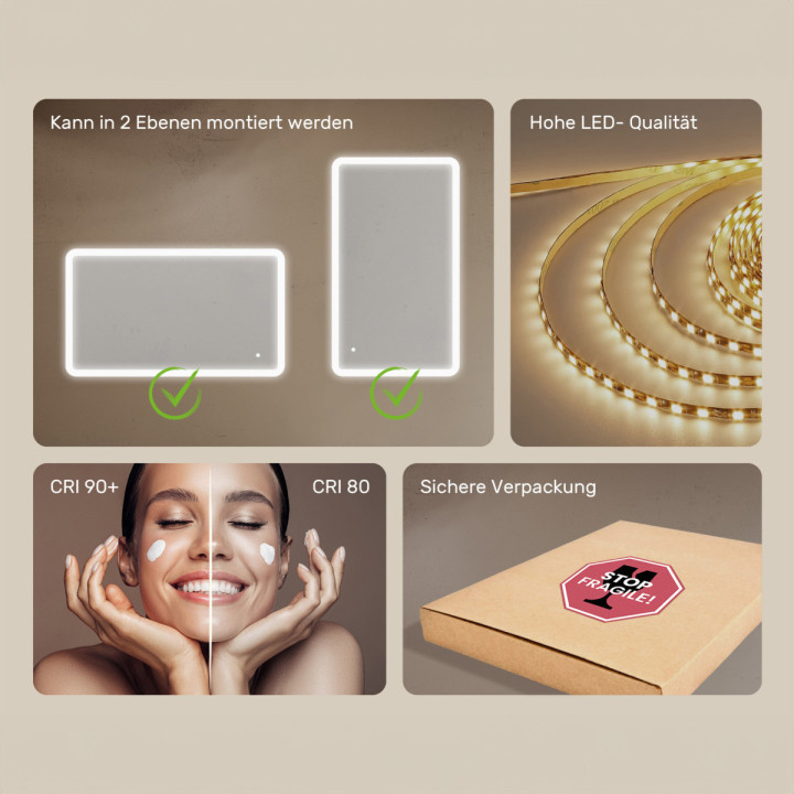 120x70 cm Abgerundeter Badezimmerspiegel mit LED-Beleuchtung, 120x70cm, Zweifarbig, Touch-Schalter