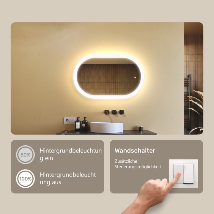 80x50 cm Beleuchteter Badezimmerspiegel, 80x50cm, Zweifarbig, Touch-Schalter