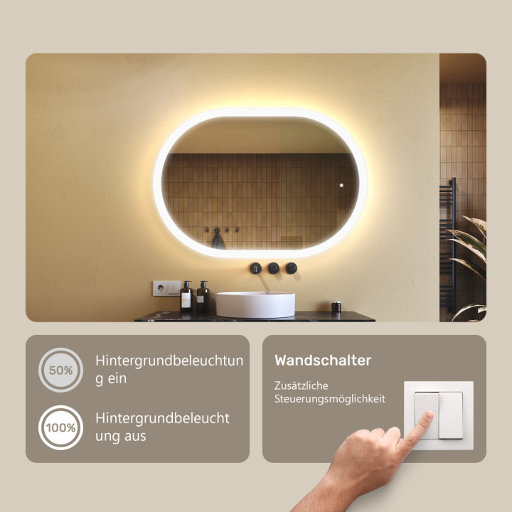 100x70 cm Beleuchteter Badezimmerspiegel, 100x70cm, Zweifarbig, Touch-Schalter