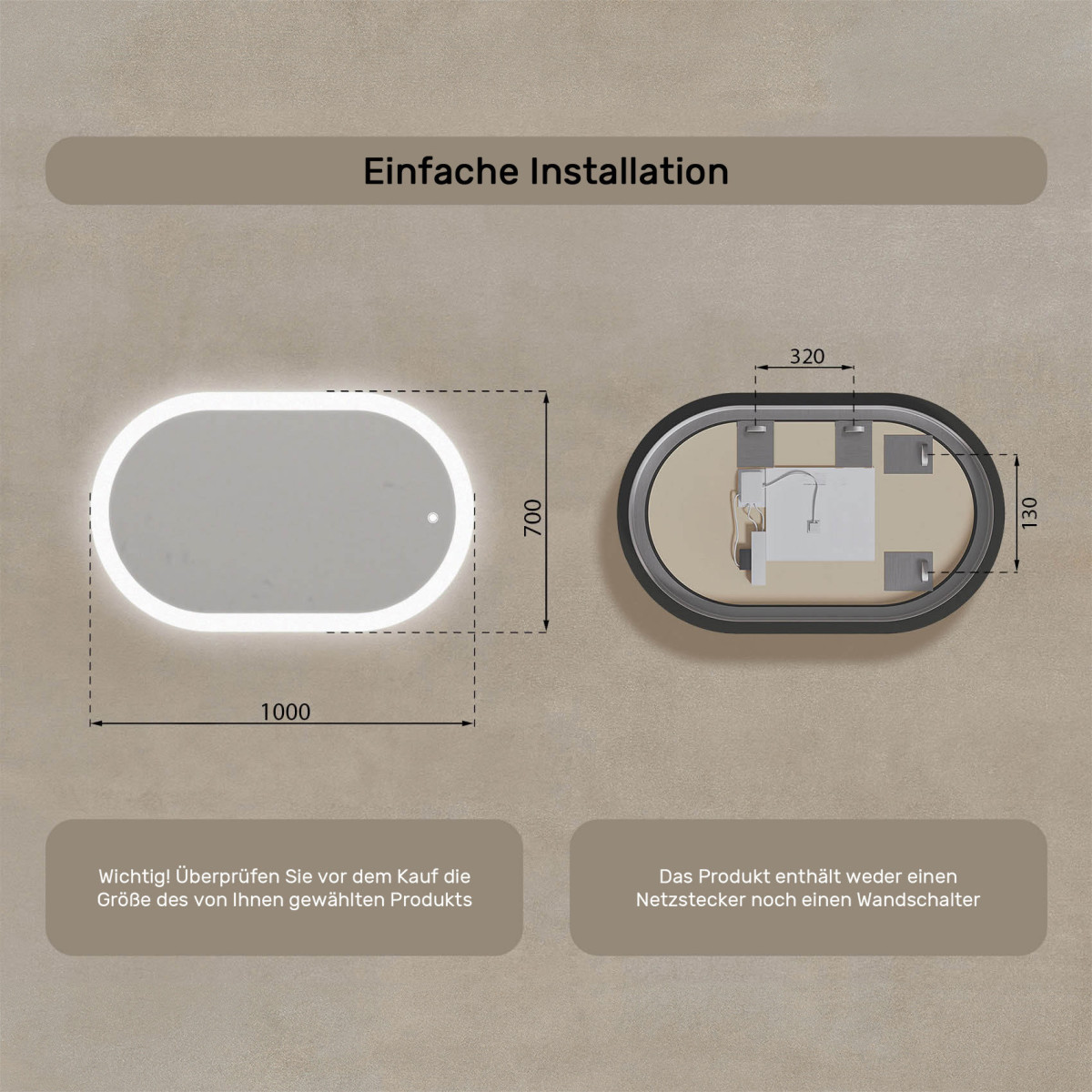 100x70 cm Beleuchteter Badezimmerspiegel, 100x70cm, Zweifarbig, Touch-Schalter
