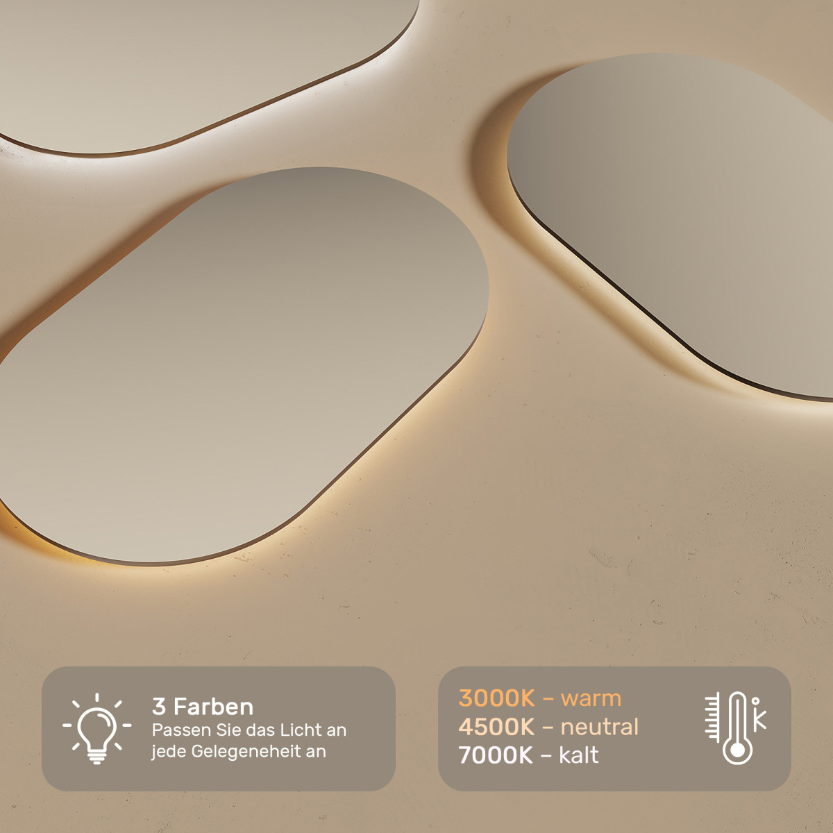 120x70 cm Beleuchteter Badezimmerspiegel, 120x70cm, Zweifarbig, Touch-Schalter