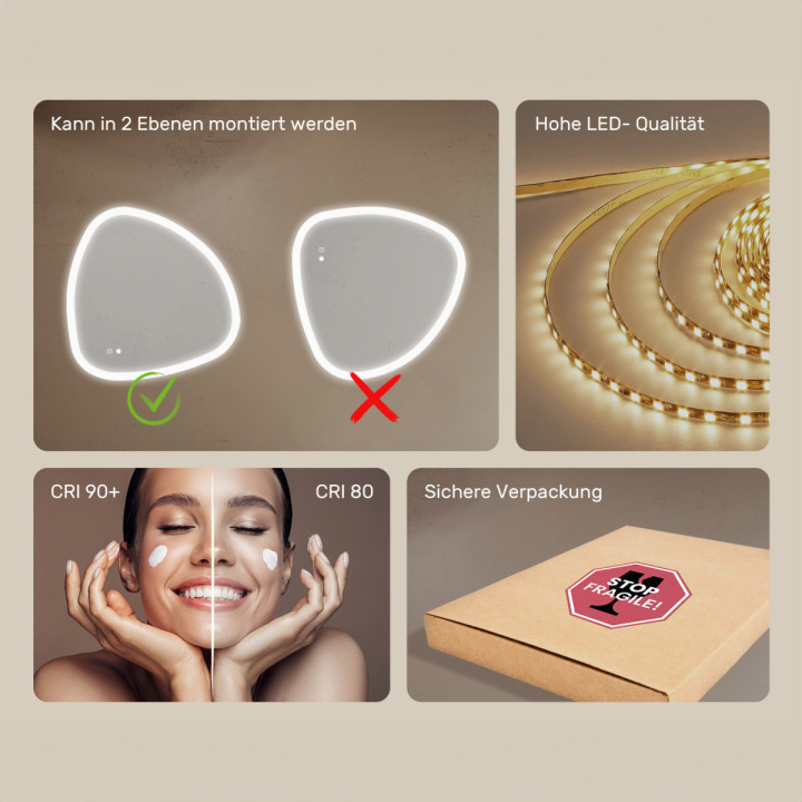 84x84 cm Unregelmäßig beleuchteter Spiegel, 84x84cm, Zweifarbig, Touch-Schalter, Heizmatte