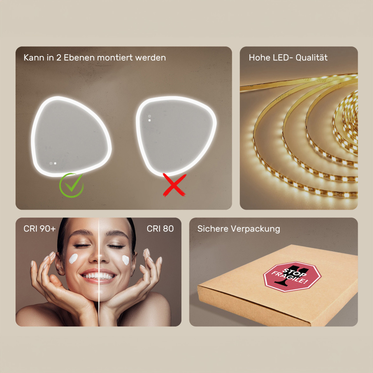 84x84 cm Unregelmäßig beleuchteter Spiegel, 84x84cm, Zweifarbig, Touch-Schalter, Heizmatte