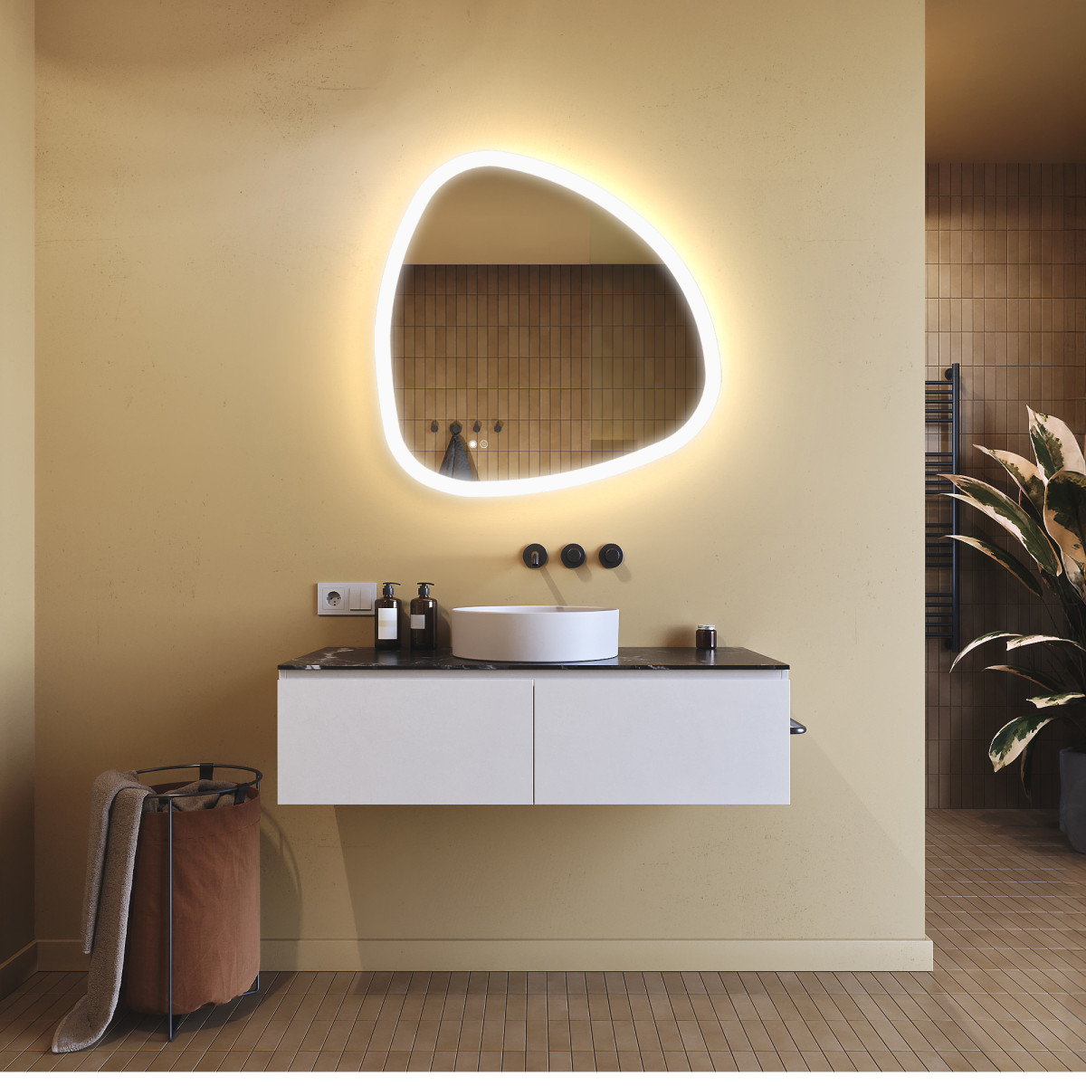 84x84 cm Unregelmäßig beleuchteter Spiegel, 84x84cm, Zweifarbig, Touch-Schalter, Heizmatte