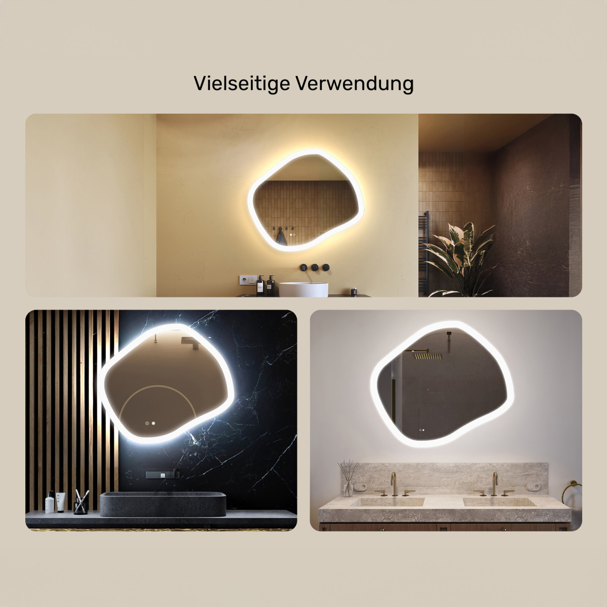 Asymmetrischer LED-Badspiegel 84 × 74 cm mit Touch-Schalter und Spiegelheizung