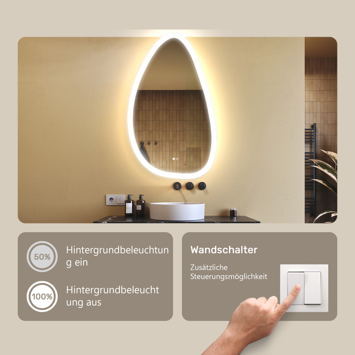 64x104 cm Unregelmäßiger Spiegel mit Beleuchtung, 64x104cm, Zweifarbig, Touch-Schalter, Heizmatte