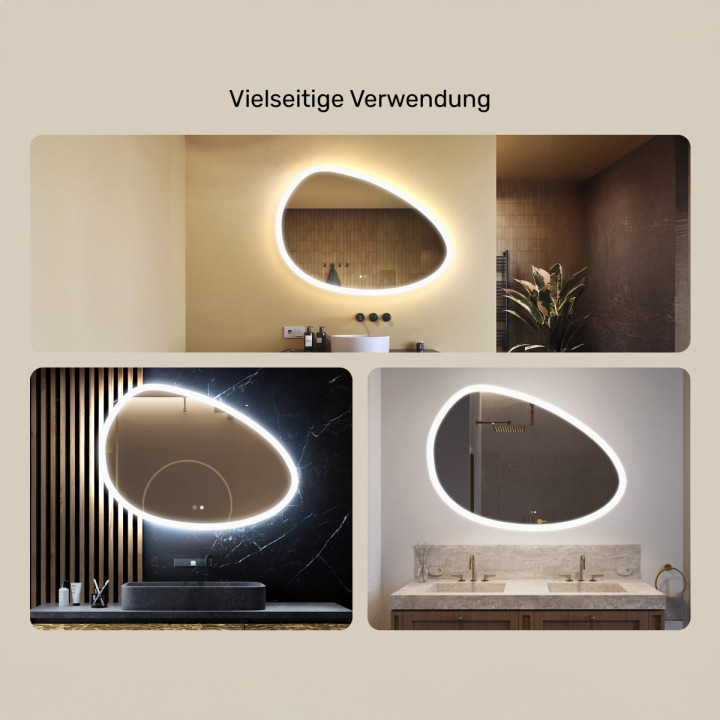 114x84 cm Beleuchteter unregelmäßiger Spiegel, 114x84cm, Zweifarbig, Touch-Schalter, Heizmatte