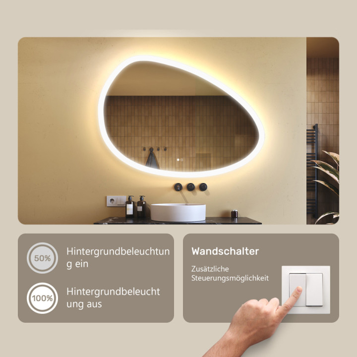 114x84 cm Beleuchteter unregelmäßiger Spiegel, 114x84cm, Zweifarbig, Touch-Schalter, Heizmatte